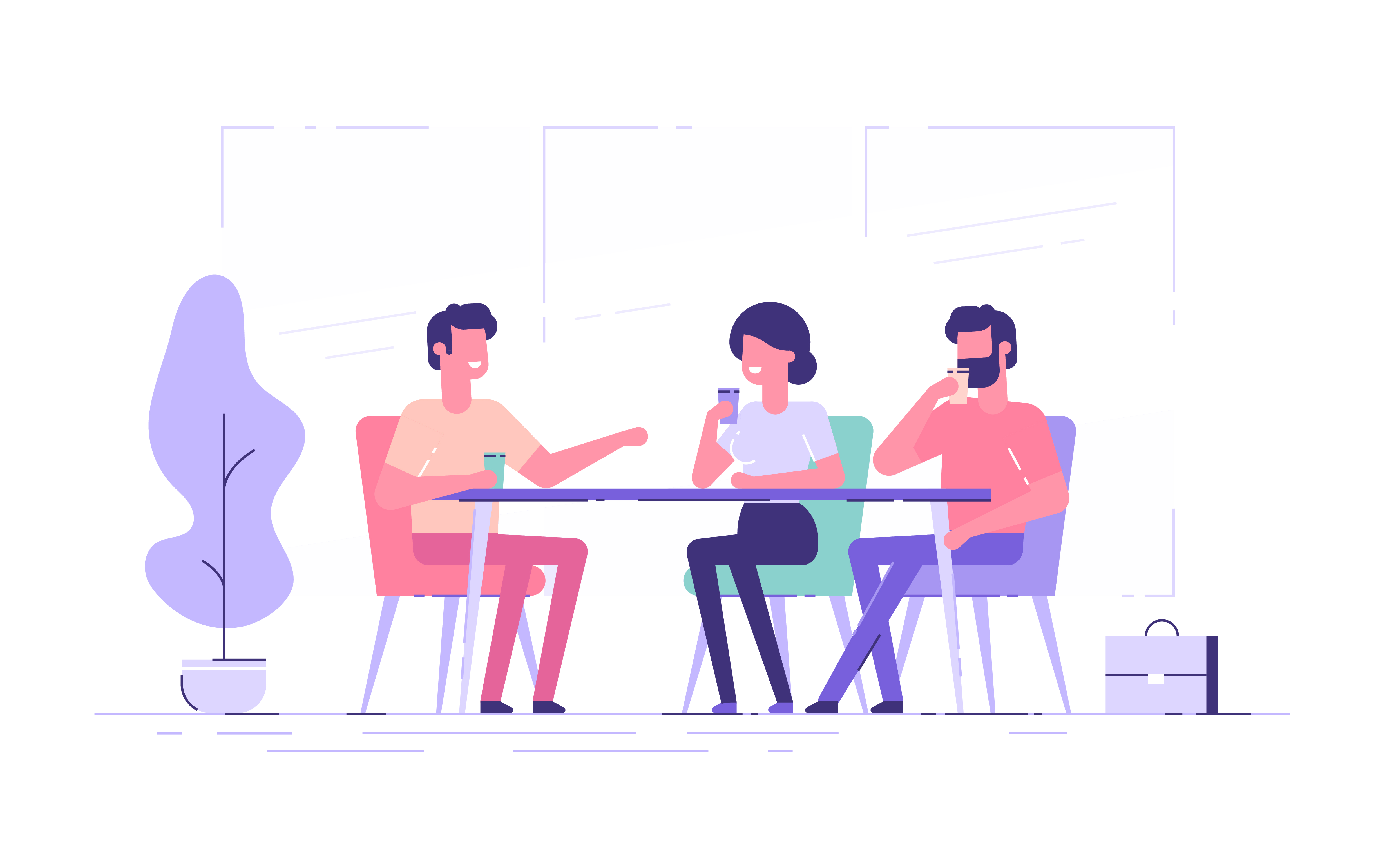 Three people without laptops sitting around a table in cheerful discussion.